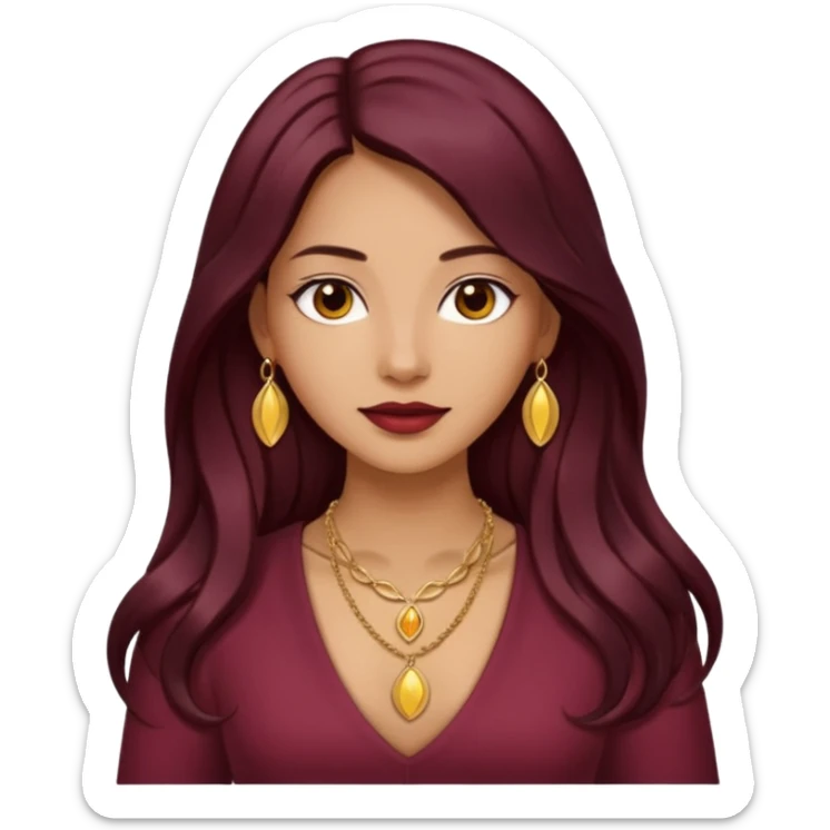 young woman 
Long waist-long hair
deep middle part
slightly wavy
dark burgundy hair 
 sticker