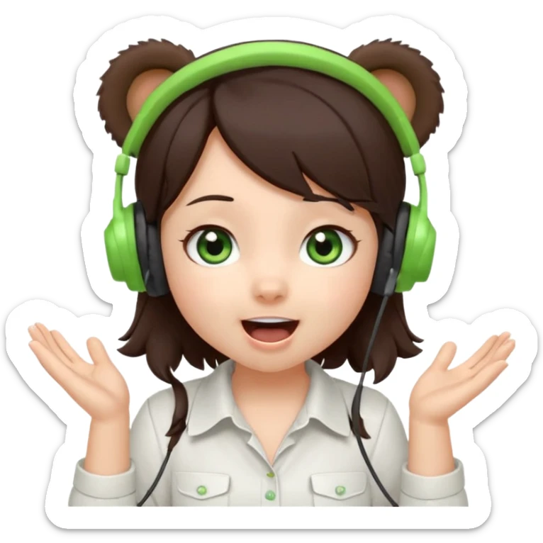 Chibi girl, dark brown hair, green eyes, wearing a white shirt and small brown bear ears on a headset, with wide happy surprised eyes and mouth and clapping excitedly sticker