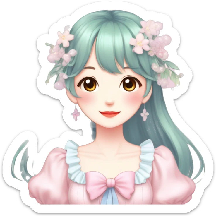 Gorgeous pastel anime style lady with blushing face and a dress cottagecore fairycore  Kawaii anime colorful pearly romantic simplistic aesthetic trending style sticker