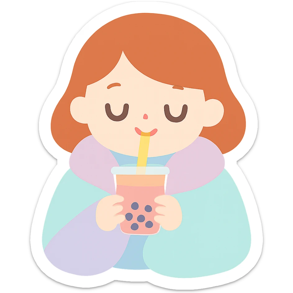 dark ginger haired girl with pale skin, wrapped in a blanket, sipping boba, eyes closed sticker