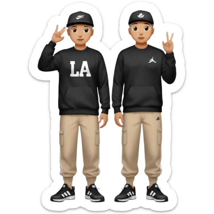 Crea Un Emoji De Cuerpo Completo Que Sea Hombre Con Corte Alucin Que Tenga Gorra Nike, Suéter Negro Que Tenga La Letras LA El La Parte Del Corazón, Zapatos Adidas Con Una Palomita✅, Pantalón Ancho O Bellaco Con Unos Diseños De Palomas Blancas Y Asiendo Una Pose Con Su Mano Que Sea Está 🤙🏽. sticker