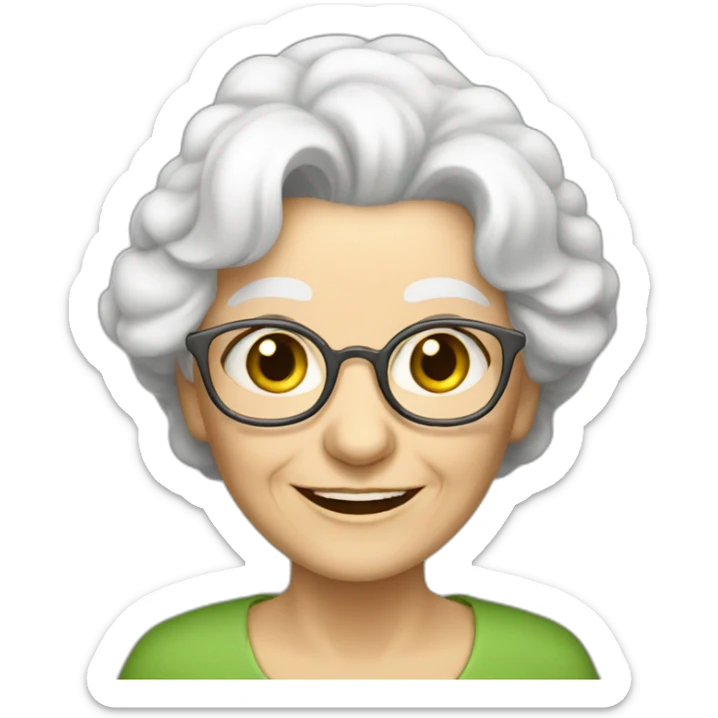 old woman grandma with white hair, white skin, green eyes, smiling sticker