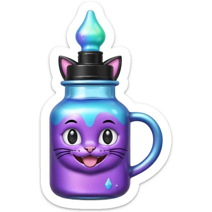Smiling bottle of oil light purple top and light blue sticking tongue out and with cat ears sticker