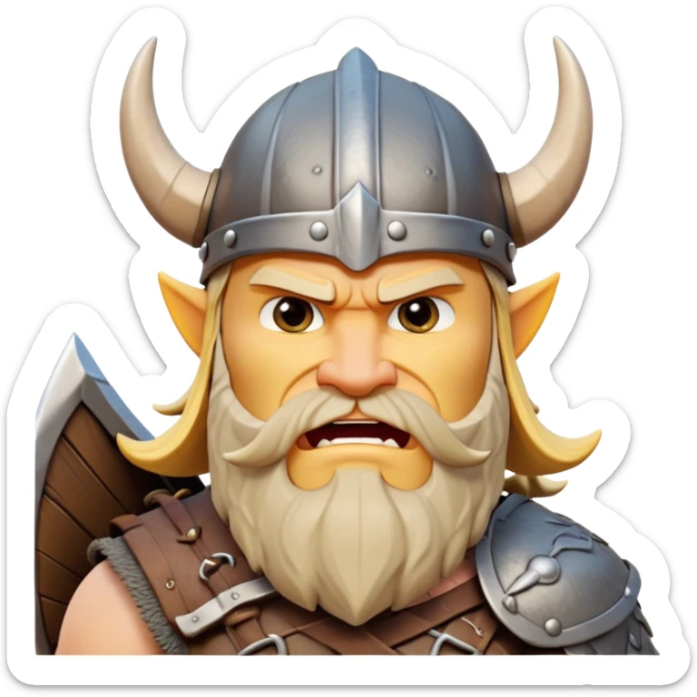 clash-of-clans-aesthetic_-cinematic-comical-viking-portrait-emoji, head tilted dramatically with an exaggerated, fierce expression and wide, comically expressive eyes, featuring a rugged yet cartoonish build with a quirky Viking helmet, standing boldly at the prow of a dragon-headed longship, its intricate dragon details carving through icy waters with epic determination. sticker