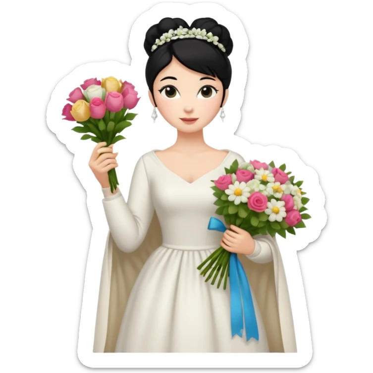 Chica blanca,cuerpo entero, vestido boda ,manga larga ,con estola, pelo negro,    ramo de flores una mano, pelo recogido en moño alto sticker