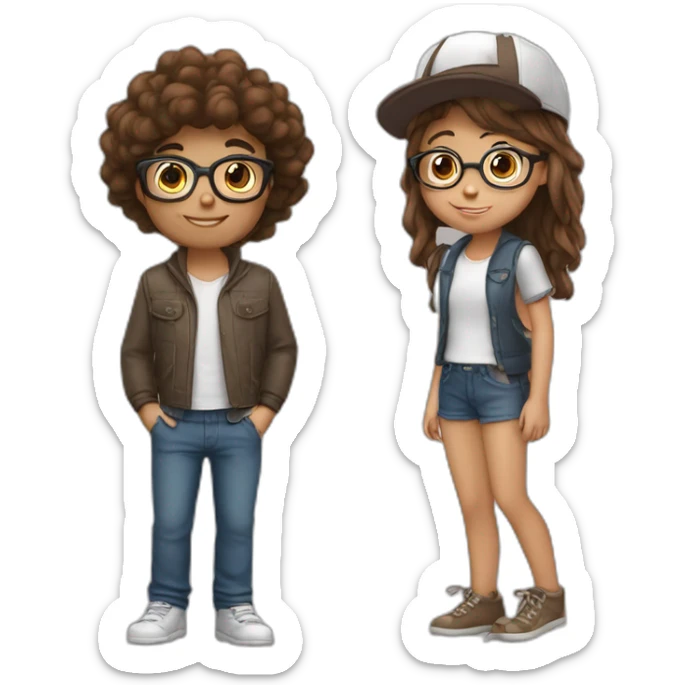 Girl with Brown Hair and glasses loves a Boy with a cap and glasses sticker
