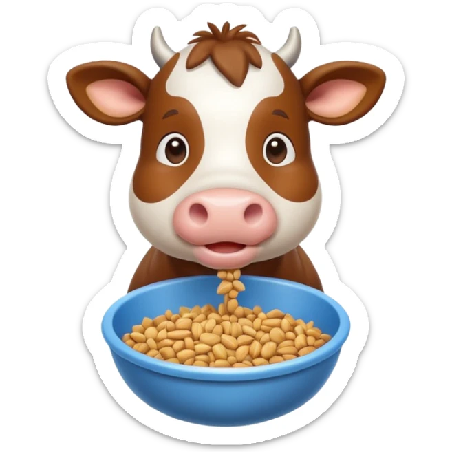 cute cow eating animal feed, hay and grains in a feeding bowl, 3D cartoon, mobile game icon style, clean background, no text, no watermark
 sticker