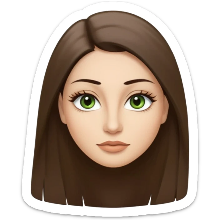 40 year old Adult woman avatar, light skin tone, long, oval face, long straight ashy brown hair, green almond-shaped eyes with dramatic eyelashes and minimal eyeliner, neutral mouth, medium straight eyebrows, small nose, smooth skin sticker