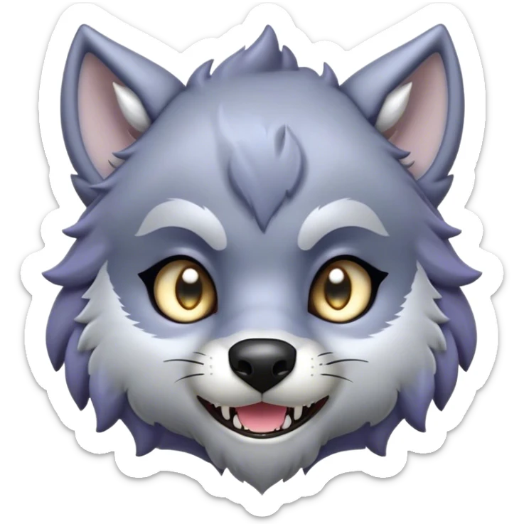 Cinematic Cute Werewolf Portrait Emoji, with a cuddly, miniature lupine form in soft moonlit grays and silvers, featuring oversized sparkling eyes and a sweet, endearing snarl, simplified yet irresistibly adorable, highly detailed with a gentle glowing outline that captures the playful, heartwarming essence of a little werewolf! sticker