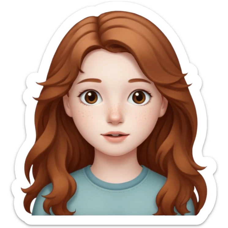 18-year-old girl with pale skin, lots of dark freckles, rosy cheeks, and long straight/wavy light brown hair. sticker