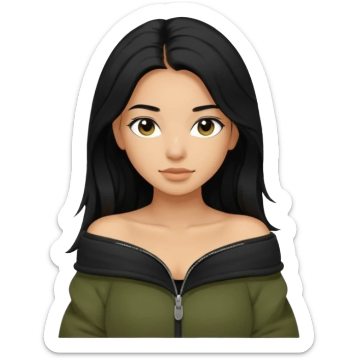 Siyah uzun saçlı siyah ceket  polar ceket ceket gevşek biraz omzundan çıkıyormuş gibi ve bugday ten rengi soltaraftaki omzundan çıkık sadece içinde de siyah crop var crop açık esmer esmer sticker