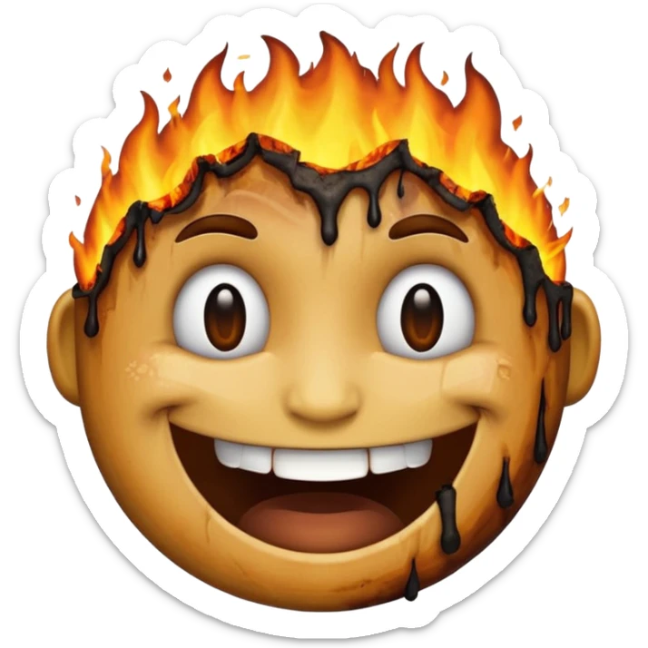 A emoji with half of his face burnt with the emoji having a big grin sticker
