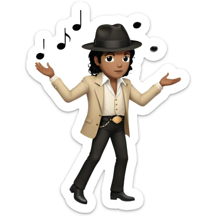 Icon for R&B Music: Michael Jackson in his iconic pose at the end of a song, head tilted, holding his black fedora with one hand. He stands in profile, embodying the smooth and soulful energy of R&B. Musical notes surround him. Transparent background. sticker