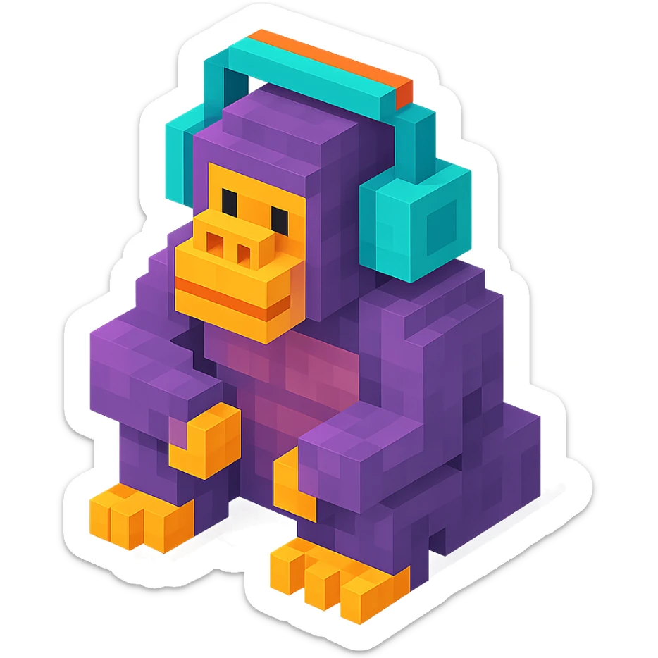 voxel style gorilla sitting and listening to music with headphones, isometric view sticker