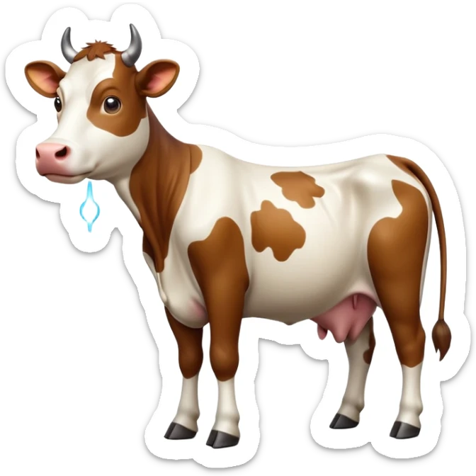 cinematic-[brown and white cow]-realistic-full-body-standing-emoji,-tail-flicking-lazily,-head-tilted-dramatically,-sleek-[brown and white]-coat,-simplified-yet-realistic-focused-features,-highly-detailed,-glowing-with-an-almost-sarcastic-glow sticker