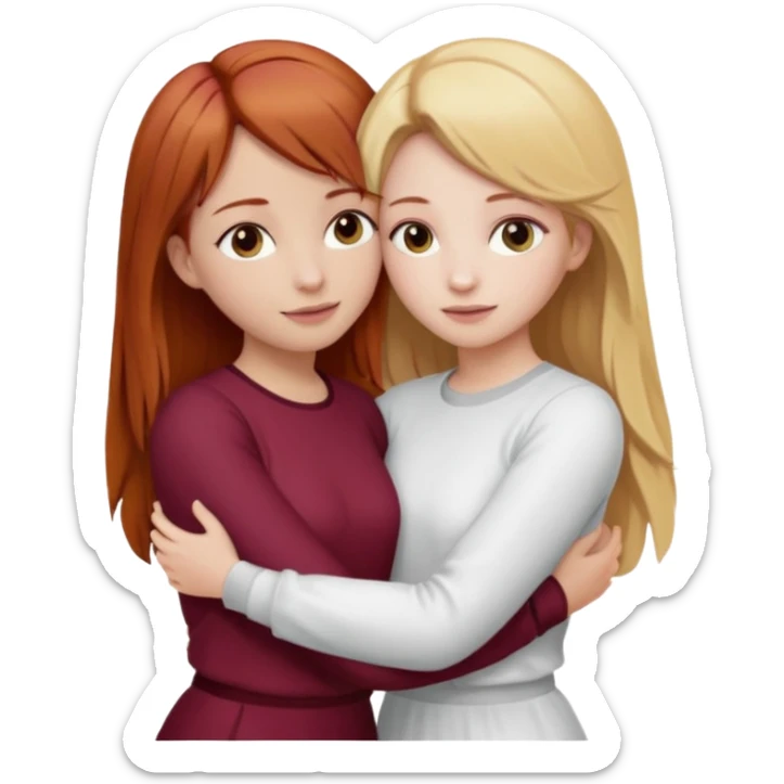 two girls who hug eachother. one has auburn hair with blonde highlights and very pale skin and is wearing white outfit, other has medium-fair skin and blonde hair and is wearing a burgundy outfit sticker