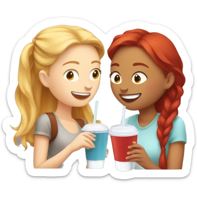 Blonde girl and red hair girl secretly giggling together drinking iced coffees  sticker