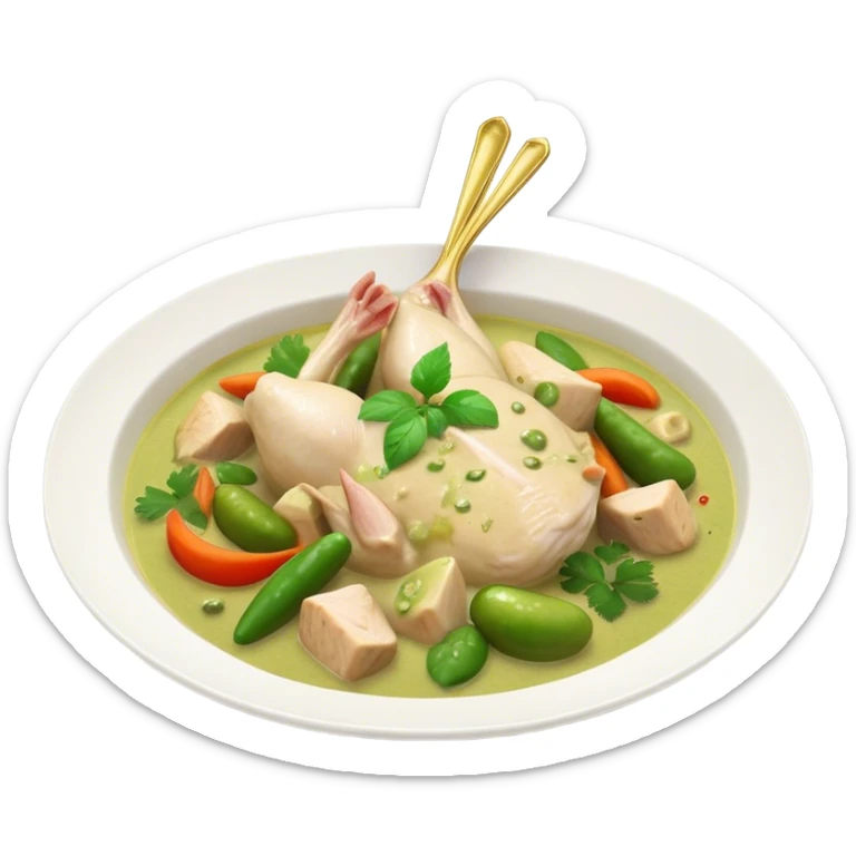 Cinematic Realistic Green Chicken Curry Dish Emoji, depicted with tender chicken simmered in a fragrant green curry sauce with vegetables rendered with rich textures and dynamic, vibrant lighting. sticker