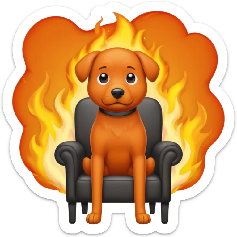 A cartoon orange dog on chair sitting in a house on fire and saying I'm fine sticker