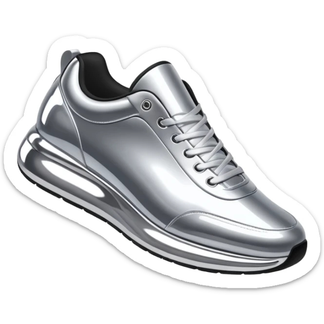 A pair of futuristic sneakers emoji made of silver chrome, sleek streetwear design, smooth metallic panels, subtle reflections, luxury swag aesthetic, iOS emoji style, centered, clean white background sticker