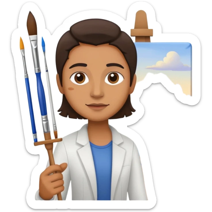 Artist with a paintbrush in front of an easel with a painting sticker