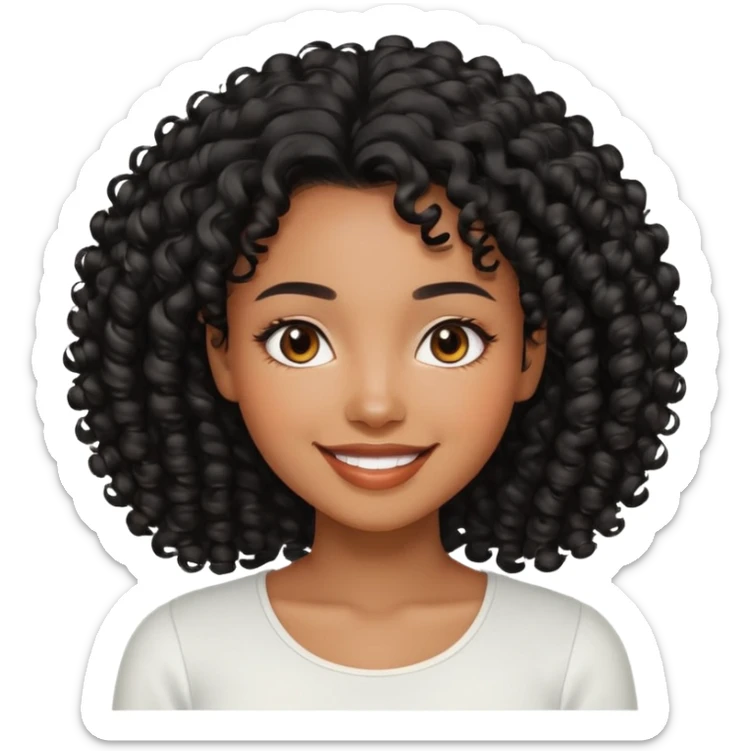 a young woman.She has voluminous, curly black hair long that frames her face beautifully. Her skin tone is black light and glowing, and she has a subtle, natural makeup look. She’s smiling softly at the camera. She is wearing a white top sticker