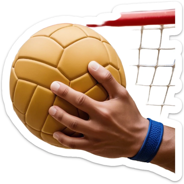 A close-up of a hand gripping a handball, with the handball gates visible in the background. The focus is on the texture of the ball and the strength of the grip, with the goal net slightly blurred to emphasize the anticipation of the throw. sticker