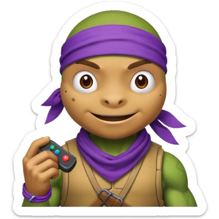 Donatello from Teenage Mutant Ninja Turtles, emoji style, with a joystick and a bandana sticker