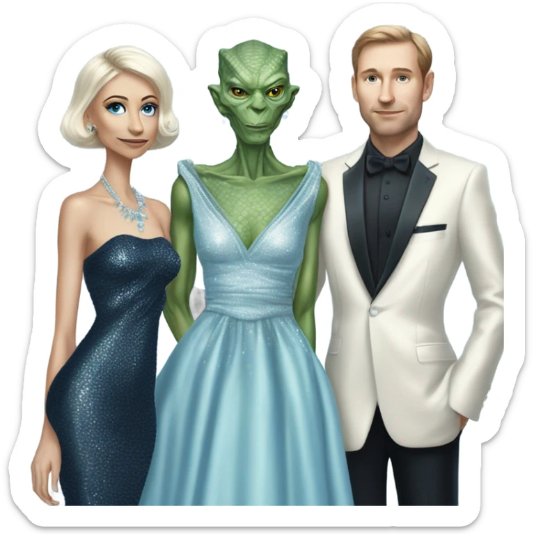 reptilian alien woman, in long slim pastel blue formal party satin dress with gradient shiny sparkling navy blue diamonds embroidered , and caucasian man in black dress sticker