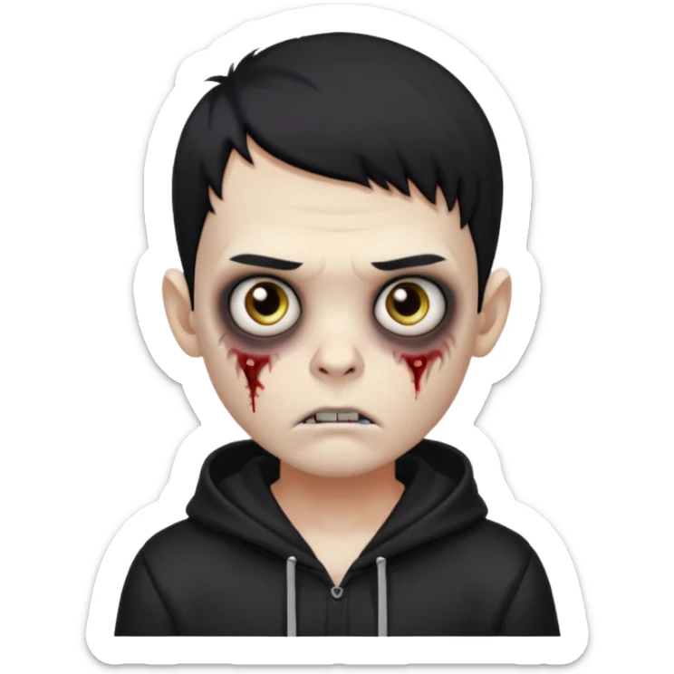 Zombie boy with the short black hair, pale-white skin, black eyes, little fangs and dark circles under his eyes. He has serious face and he wear a black hoodie sticker
