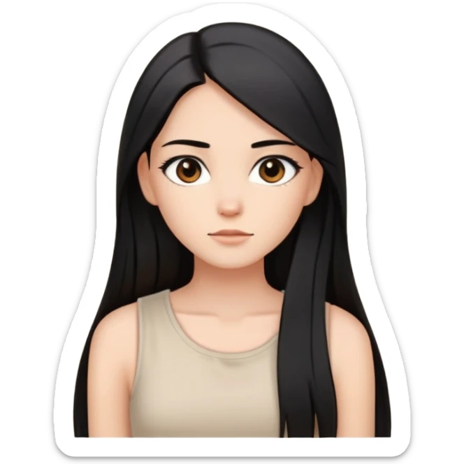 Female with straight long black hair parted in middle, beige skin, big brown eyes, natural makeup, white sleeveless top sticker