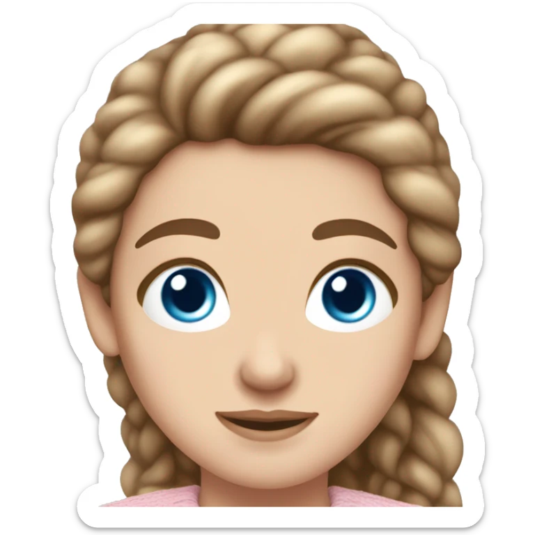 Pretty blue eyed white girl with light pink sweater reading cozy brown hair sticker