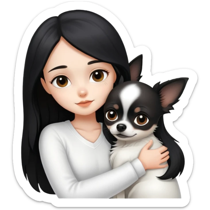A girl with fair skin, wearing white clothes, gently and tightly hugs a black long-haired Chihuahua sticker