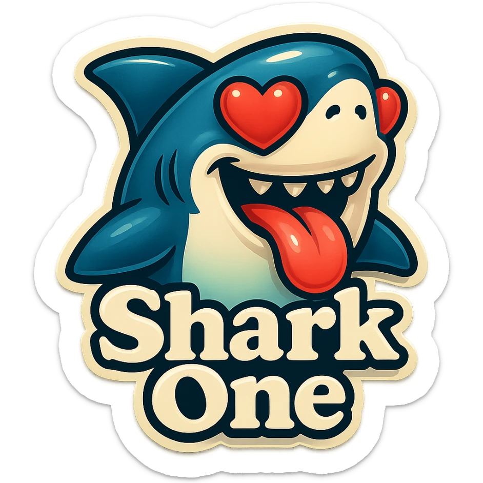 mouth open with tongue out heart shaped eye add the words “ Shark One " in White sticker