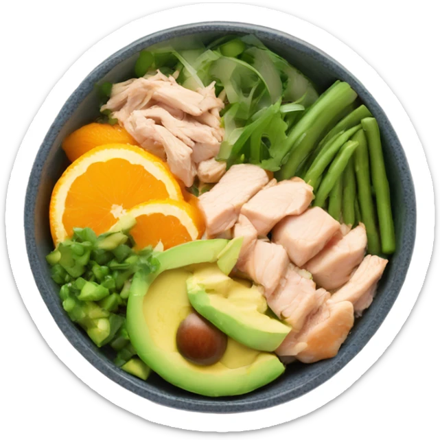 Poke bowl with chicken, avocados, oranges, cucumbers and green beans; side view sticker