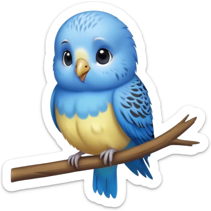 Cinematic Cute Blue Budgie Portrait Emoji, Head tilted playfully and inquisitively, featuring a brilliant blue feathered fur with a natural sheen, round, sparkling dark eyes filled with curiosity, Simplified yet irresistibly adorable features, highly detailed, glowing with a warm, friendly glow, high shine, affectionate and lively, stylized with a touch of whimsy, bright and endearing, soft glowing outline, capturing the essence of a mischievous yet loving budgie, so playful it feels like it could chirp out of the screen and into your arms! sticker