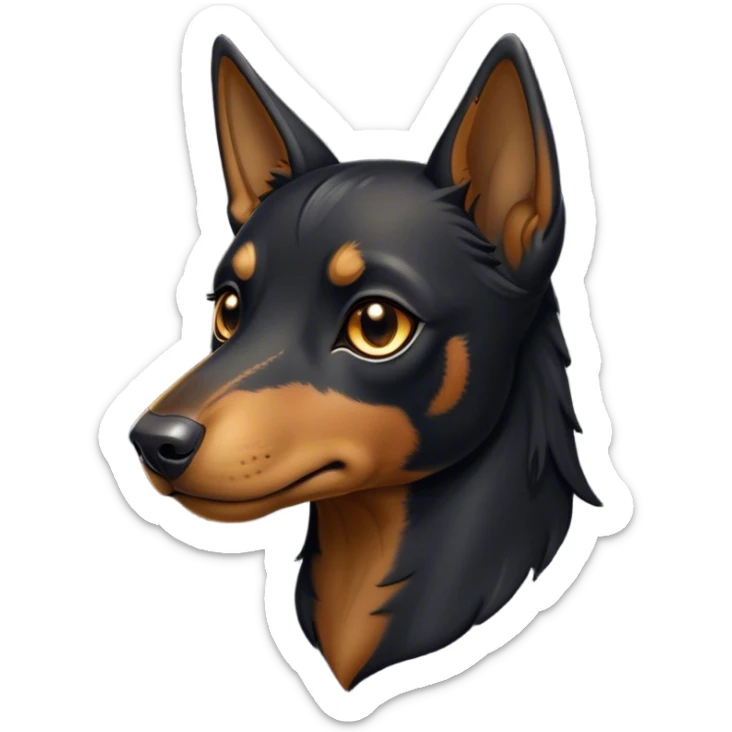 Cinematic Noble Black and Tan Kelpie Portrait Emoji, Poised and regal, with a strong, agile build and a glossy, well-groomed Fur of deep black and tan accents, piercing dark eyes, Simplified yet sharp and sophisticated features, highly detailed, glowing with a soft, dignified glow, high shine, intelligent and energetic, stylized with an air of determination, focused and attentive, soft glowing outline, capturing the essence of a watchful and confident herder, so majestic it feels as though it could bound out of the screen with effortless authority! sticker
