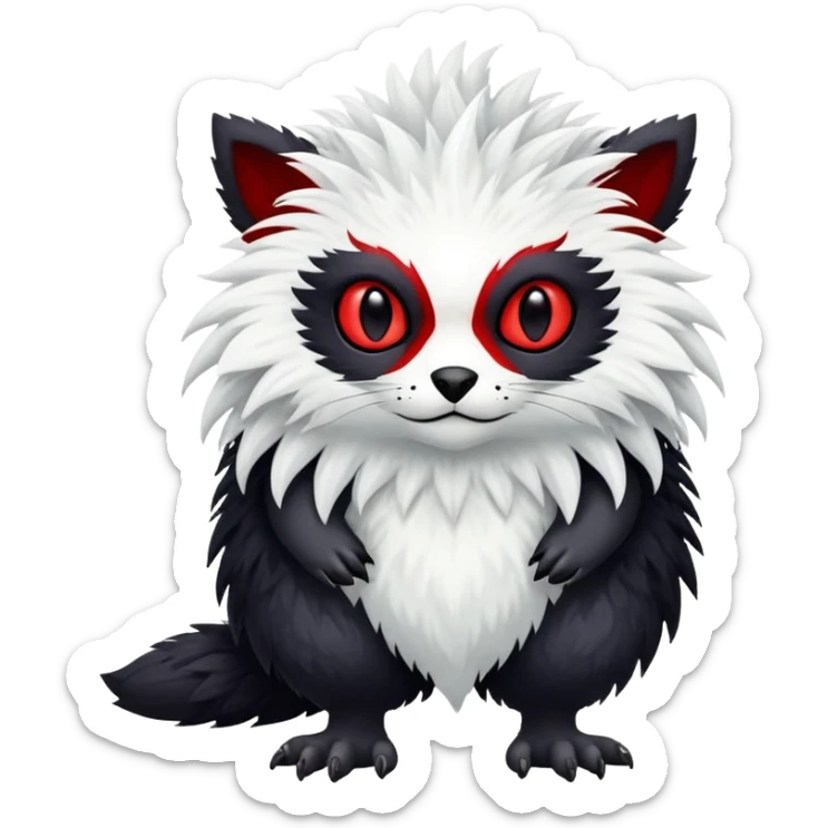 a white exotic edgy vernid-fionbr-Fakémon-creature, with black belly and red eyes, full body sticker
