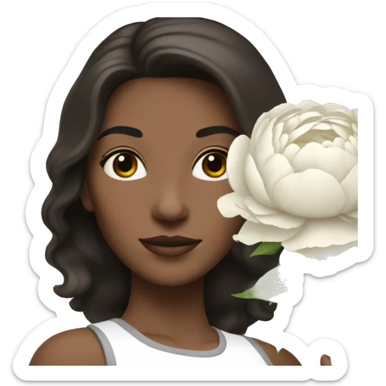 A white woman with shoulder length dark brown hair holding a bouquet of white peonies sticker
