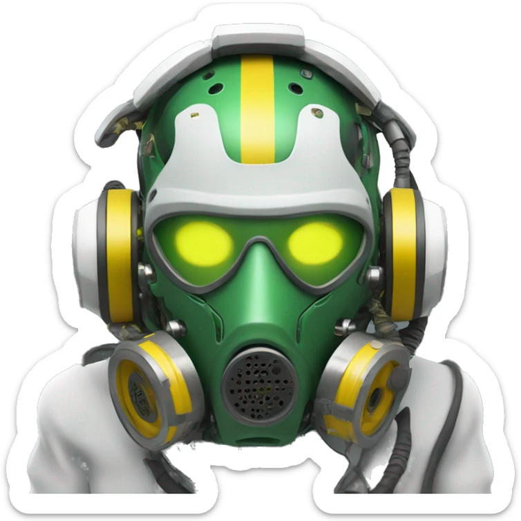 Green skin cyborg head with dark yellow Mohawk, white respirator mask and circuitry sticker