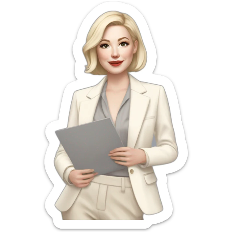 pale skin woman with ash blonde Straightened bob Hair, White Spacious classical jacket, beige palazzo Arrow pants and gray blouse holding a color palette in the hands sticker