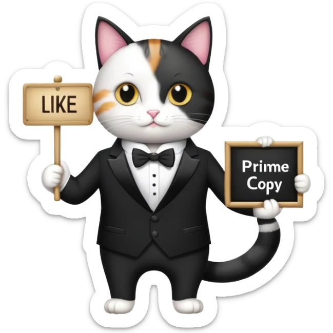 A cat in a black business suit holds a sign with the inscription "PrimeCopy" with one paw and shows a like with the other paw sticker