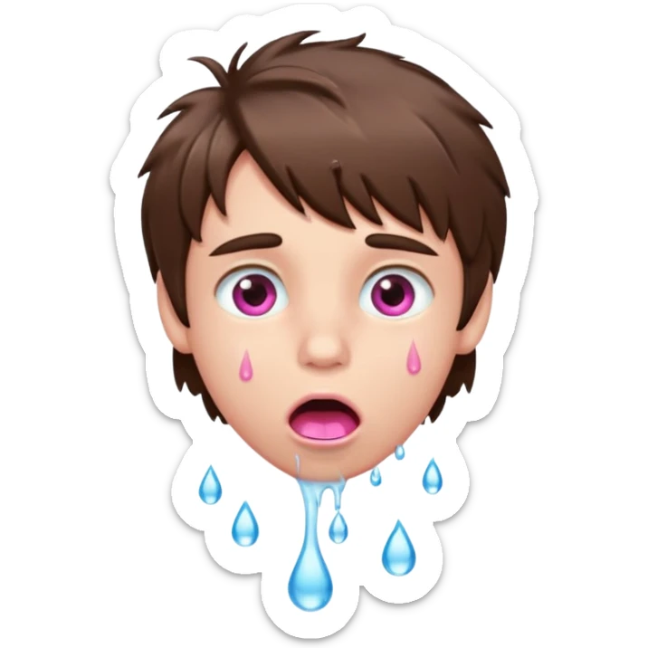 Boy with shaggy brown hair, pink eyes rolled back, mouth open , water drop dripping from lips sticker