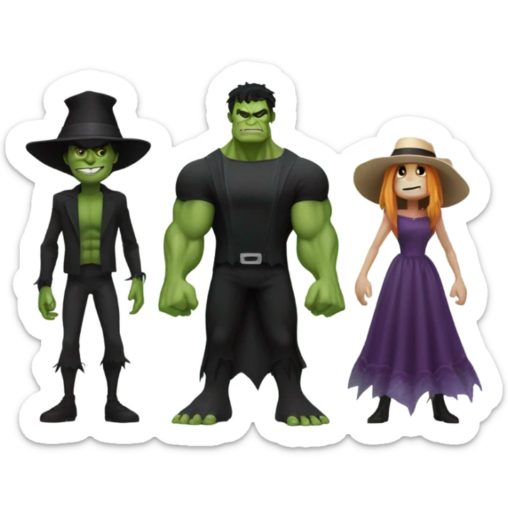 Spider-Man, the Hulk, the scarecrow and the wicked witch together holding hands sticker