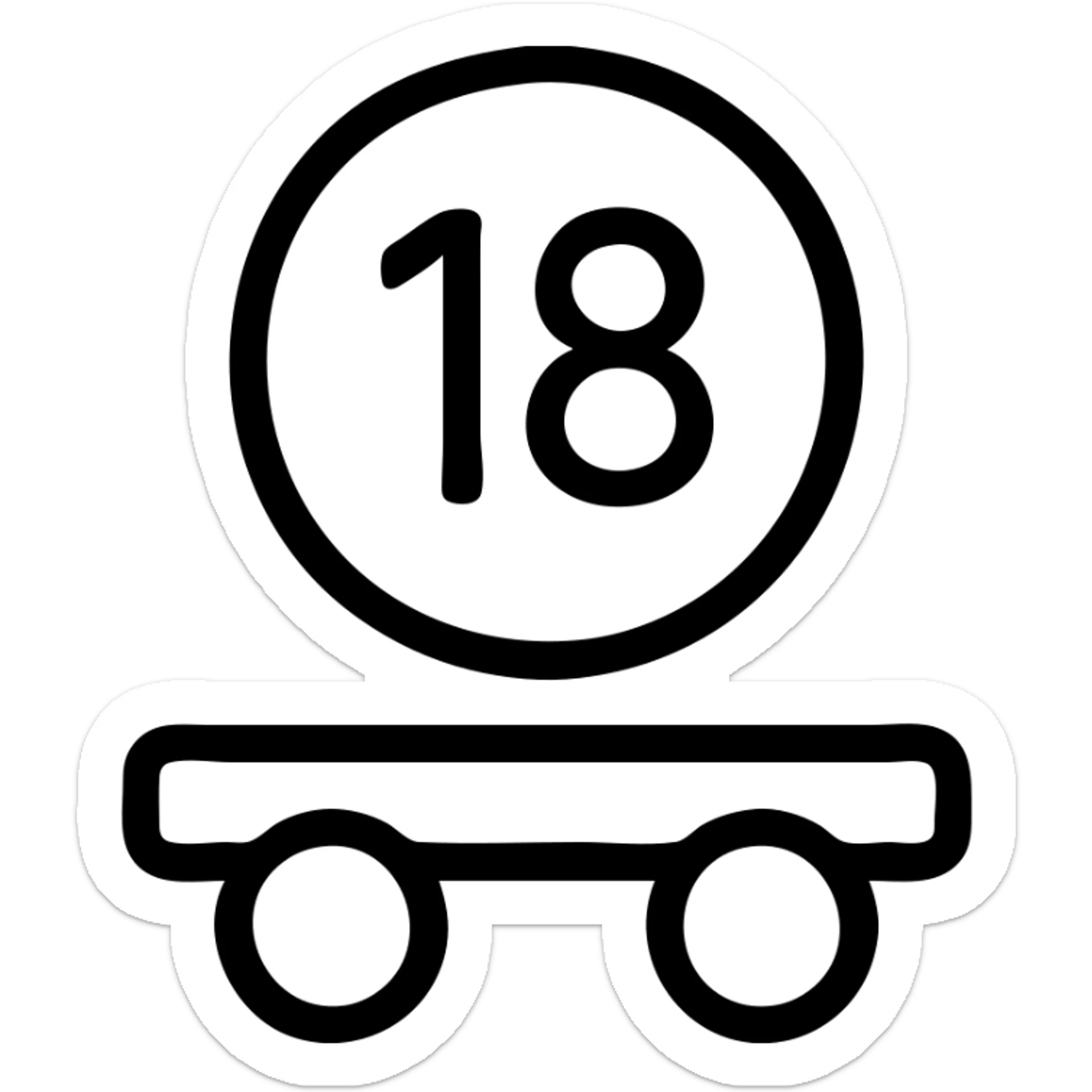 black circle with white number 18 in the center, semi truck wheels attached to the bottom, icon style sticker