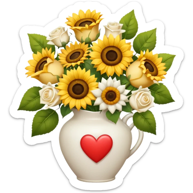 Bouquet with yellow roses sunflowers and white roses in a white vases with hearts and a white bow sticker