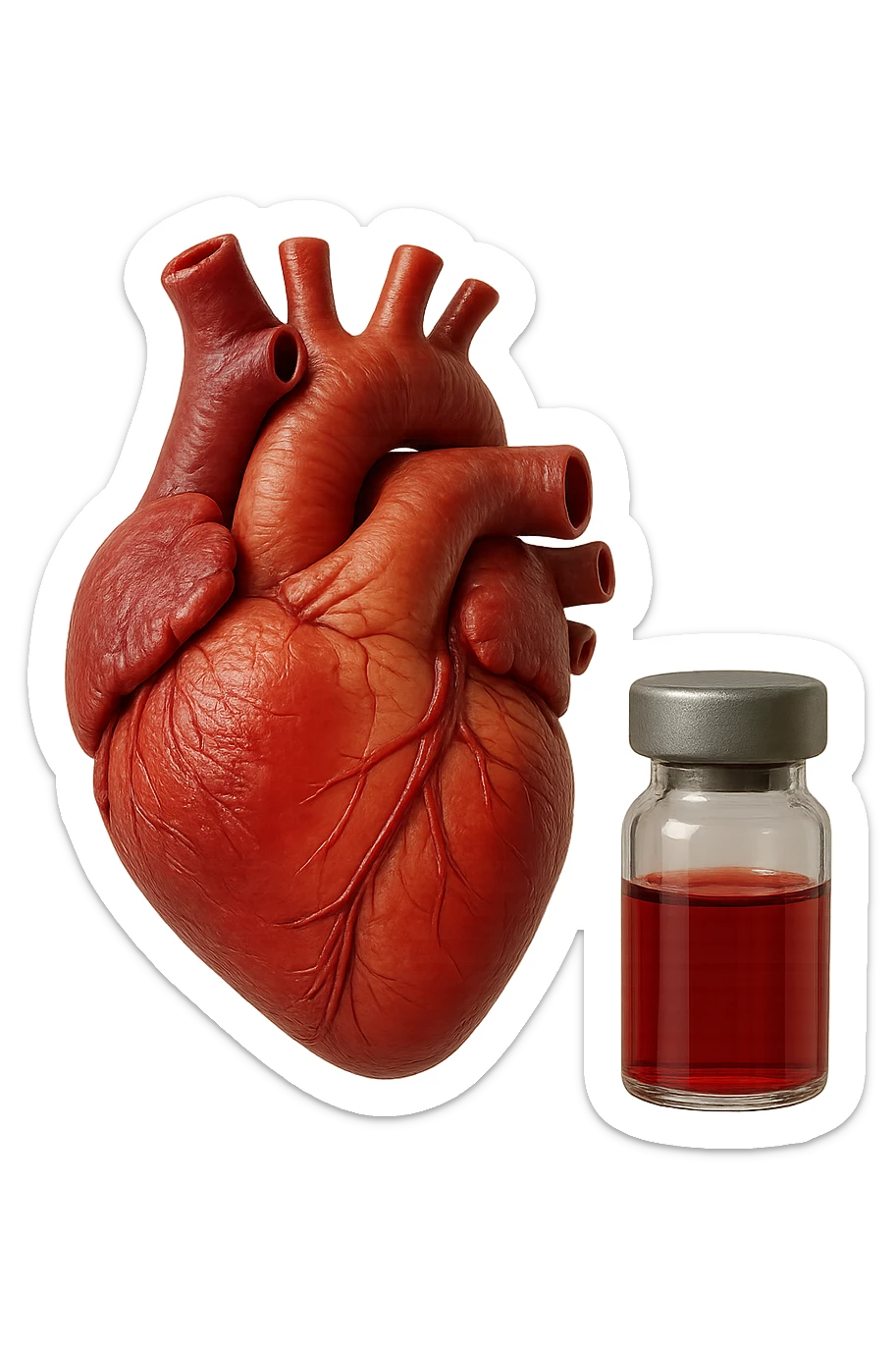 emoji stile iphone di cuore anatomico realistico in 3d che fluttua in aria insieme a una boccetta di fiala medica, FALLO MOLTO REALISTICO IN 3D sticker