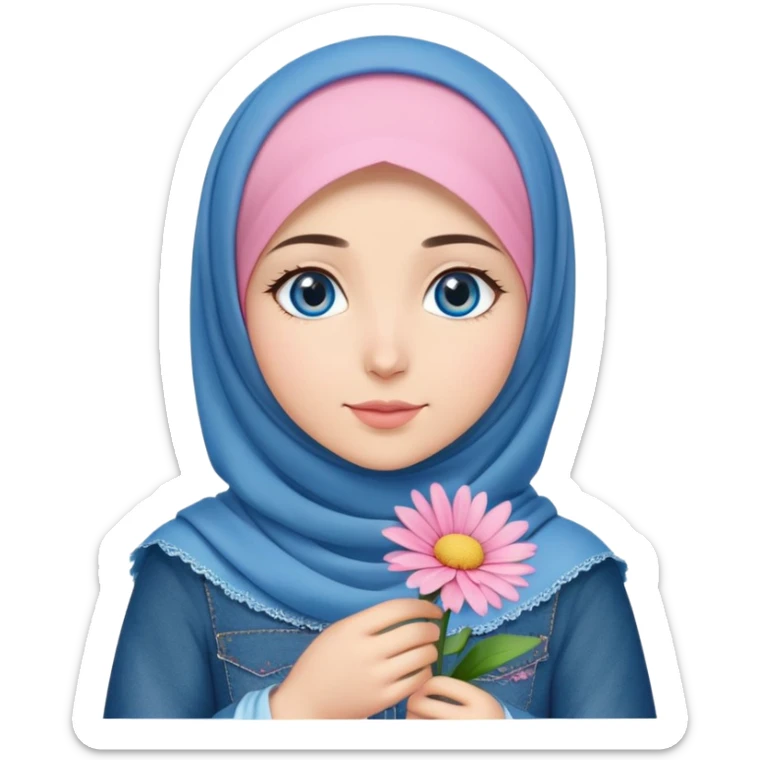 Turkish beautiful finish Konya girl blue eyes with denim hijab islamic dress and had on her hand pink daisy sticker