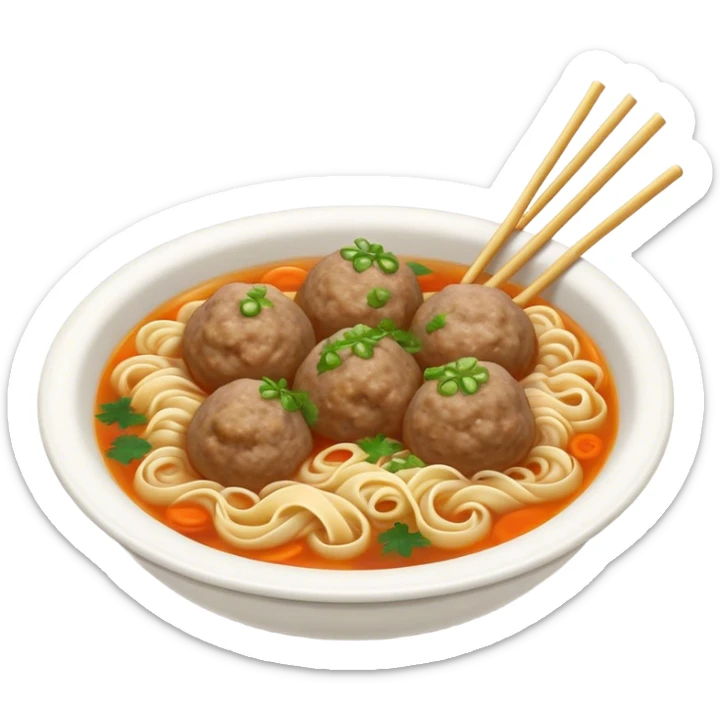 Cinematic Realistic Bakso Dish Emoji, showcasing savory meatball soup with noodles rendered with detailed textures and warm, inviting lighting. sticker