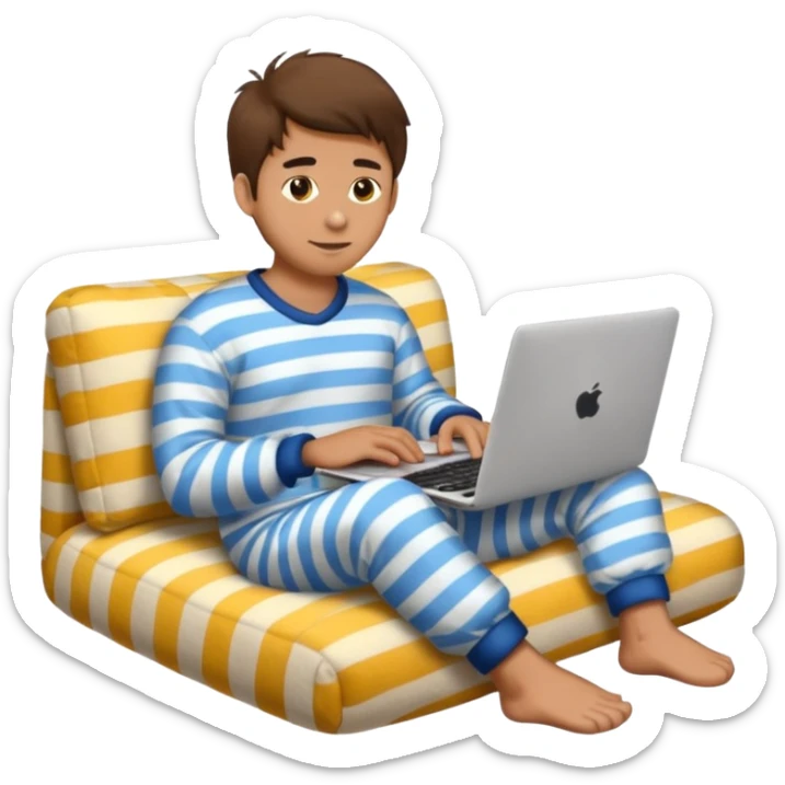 man in striped pajamas and fuzzy slippers typing on a laptop, emoji style sticker